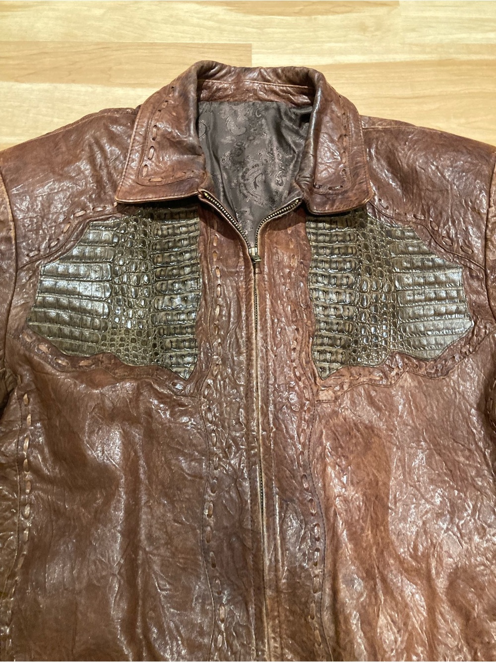 Crocodile accented Safari Exotic Leather bomber jacket handmade in USA